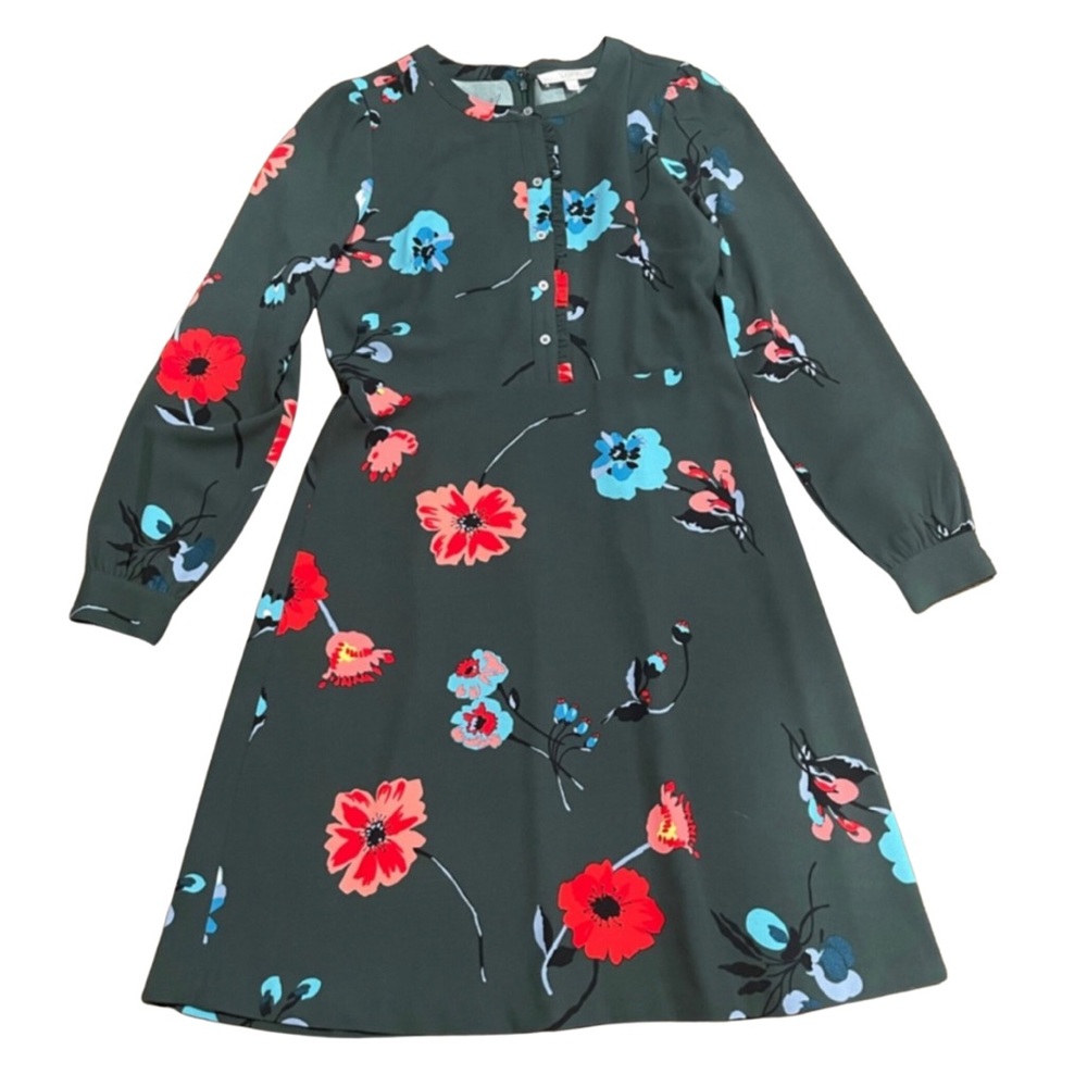 LOFT Size 4  Floral Long Sleeve A-Line Dress Green Button Front Back Zipper